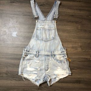 Light Denim Cutoff Overalls Shorts